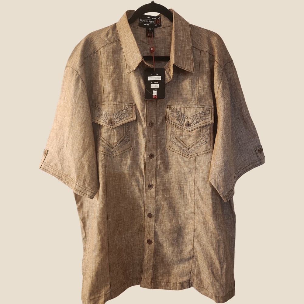 NWT Royal Prestige Linen Khaki Shirt BGT 2XL Resortwear Vacation Guayabera Style